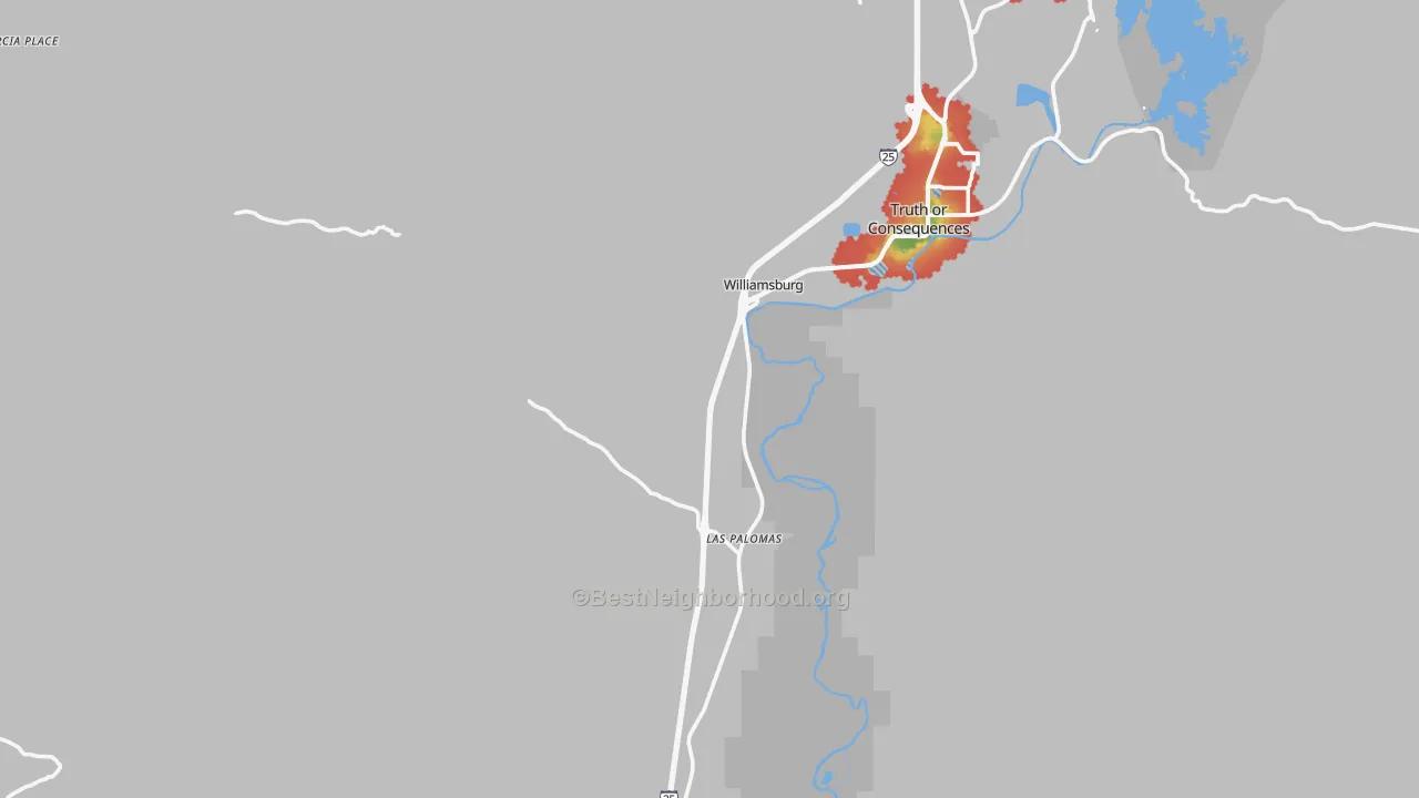 Walk Grade map of Williamsburg, NM, walkable areas in green and car-dependent areas in red