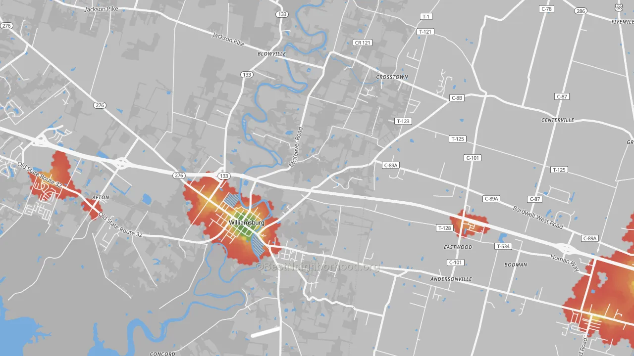 Walk Grade map of Williamsburg, OH, walkable areas in green and car-dependent areas in red