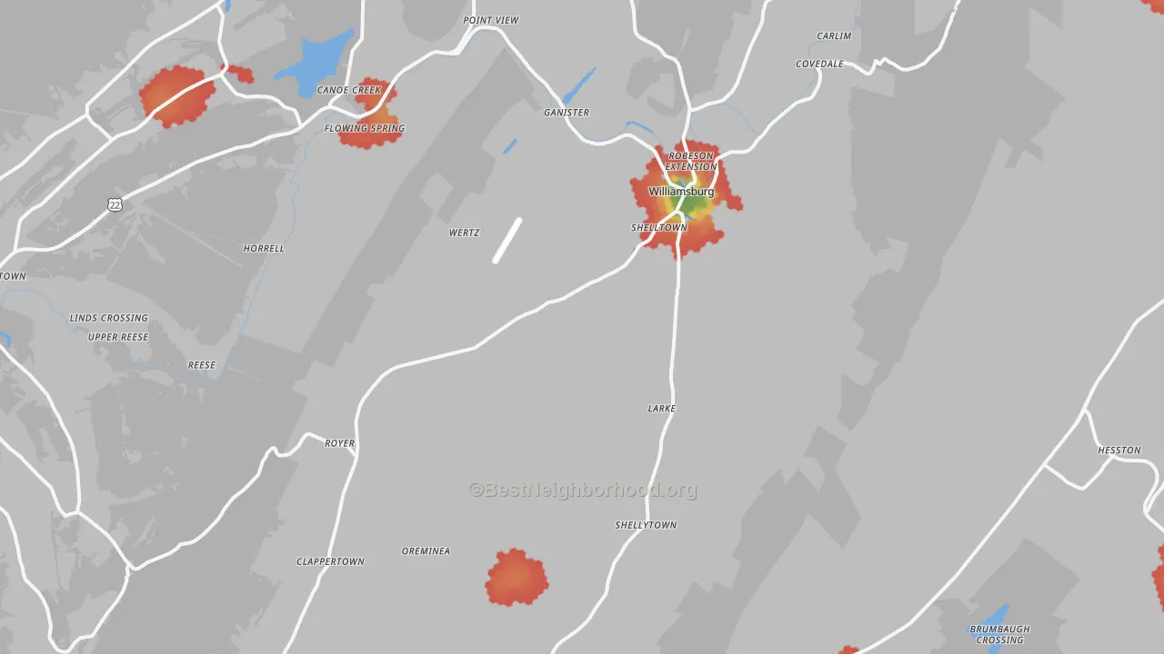 Walk Grade map of Williamsburg, PA, walkable areas in green and car-dependent areas in red