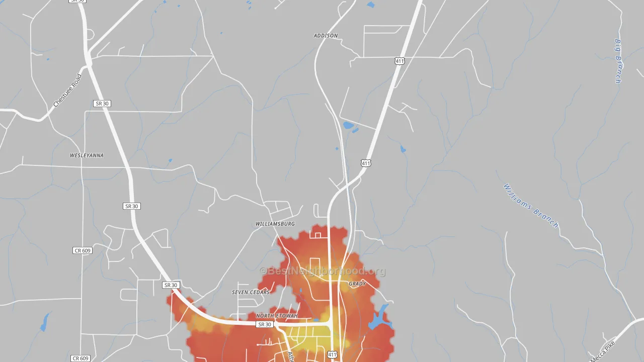 Walk Grade map of Williamsburg, TN, walkable areas in green and car-dependent areas in red