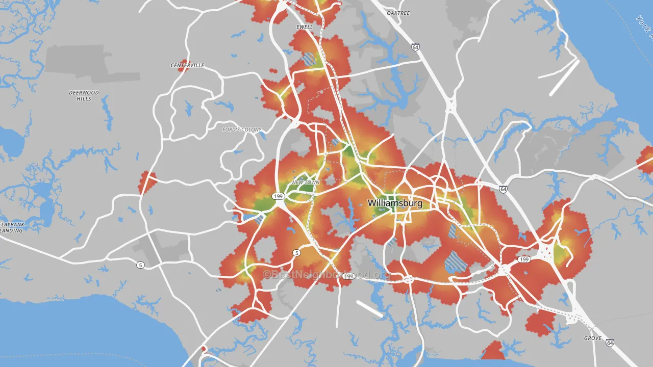Walk Grade map of Williamsburg, VA, walkable areas in green and car-dependent areas in red