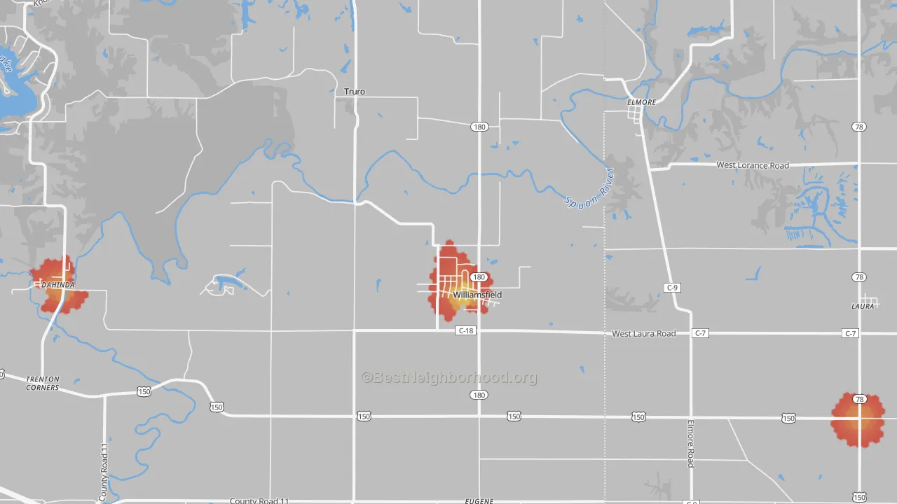 Walk Grade map of Williamsfield, IL, walkable areas in green and car-dependent areas in red