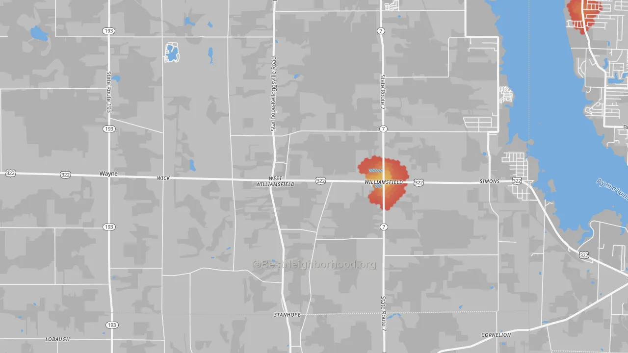 Walk Grade map of Williamsfield, OH, walkable areas in green and car-dependent areas in red