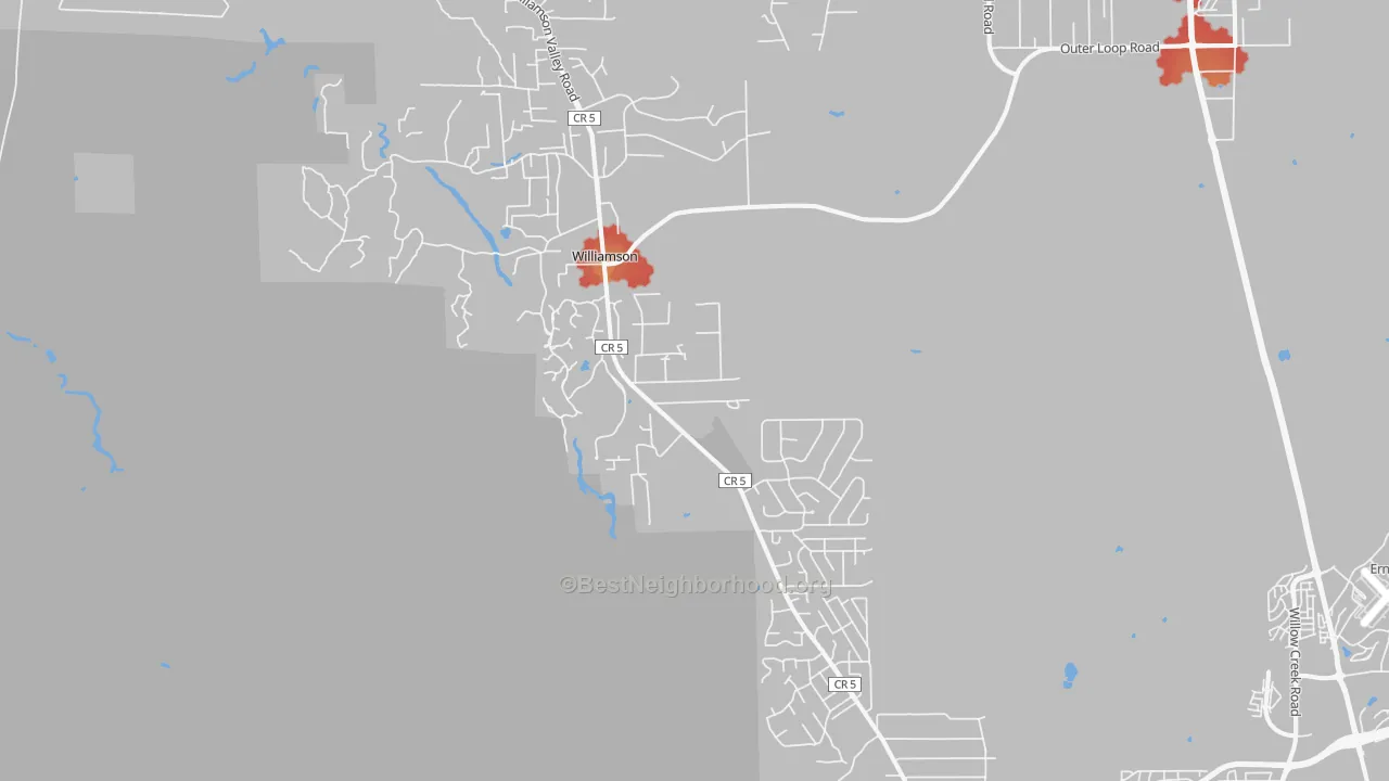 Walk Grade map of Williamson, AZ, walkable areas in green and car-dependent areas in red