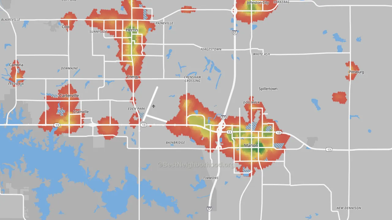 Walk Grade map of Williamson County, IL, walkable areas in green and car-dependent areas in red