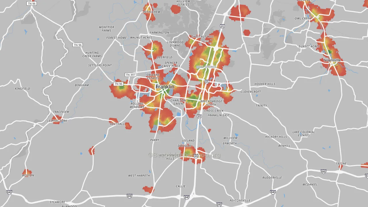 Walk Grade map of Williamson County, TN, walkable areas in green and car-dependent areas in red