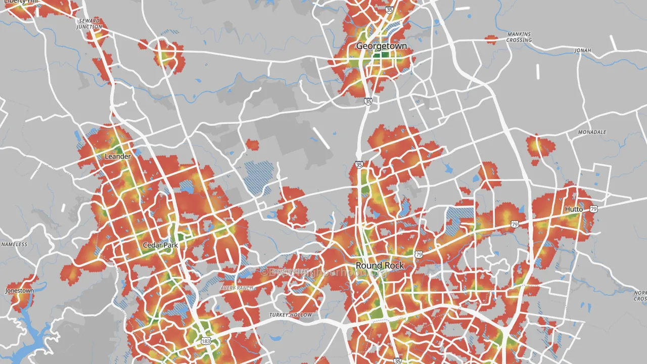 Walk Grade map of Williamson County, TX, walkable areas in green and car-dependent areas in red