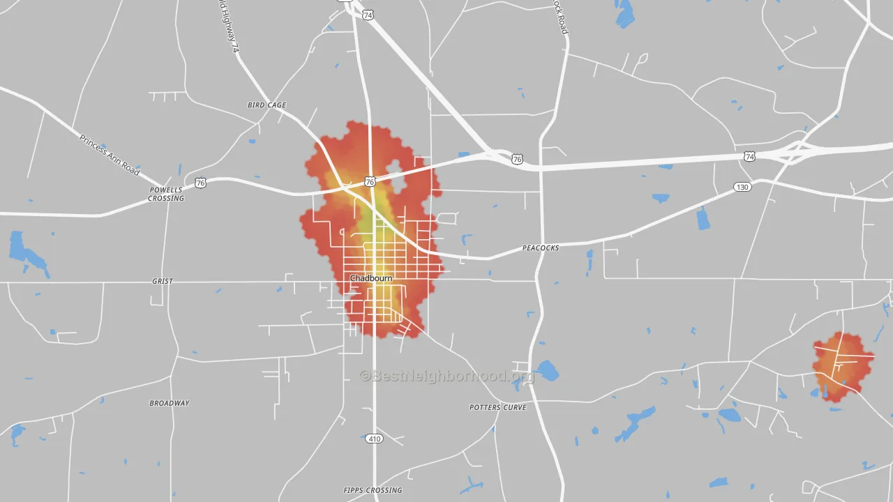 Walk Grade map of Williamson Crossroads, NC, walkable areas in green and car-dependent areas in red