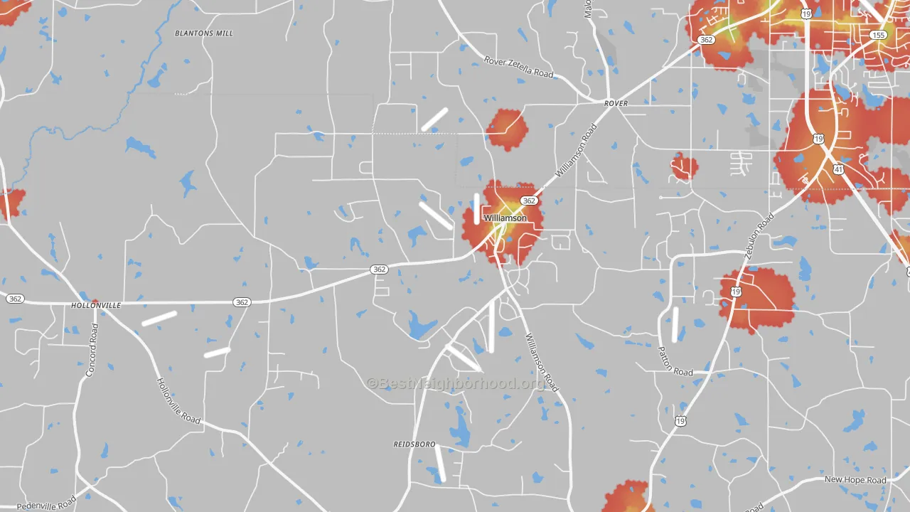 Walk Grade map of Williamson, GA, walkable areas in green and car-dependent areas in red