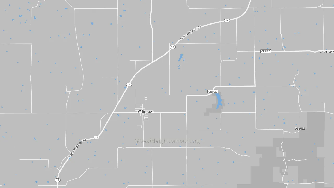 Walk Grade map of Williamson, IA, walkable areas in green and car-dependent areas in red