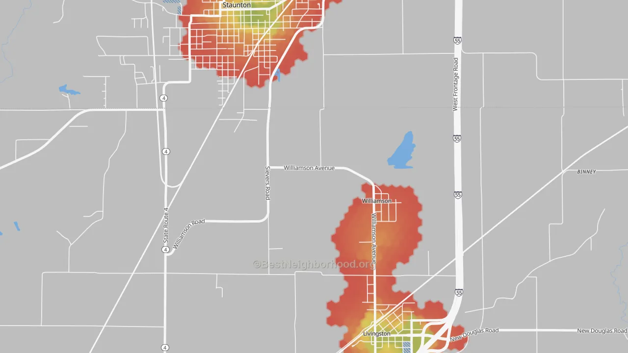 Walk Grade map of Williamson, IL, walkable areas in green and car-dependent areas in red