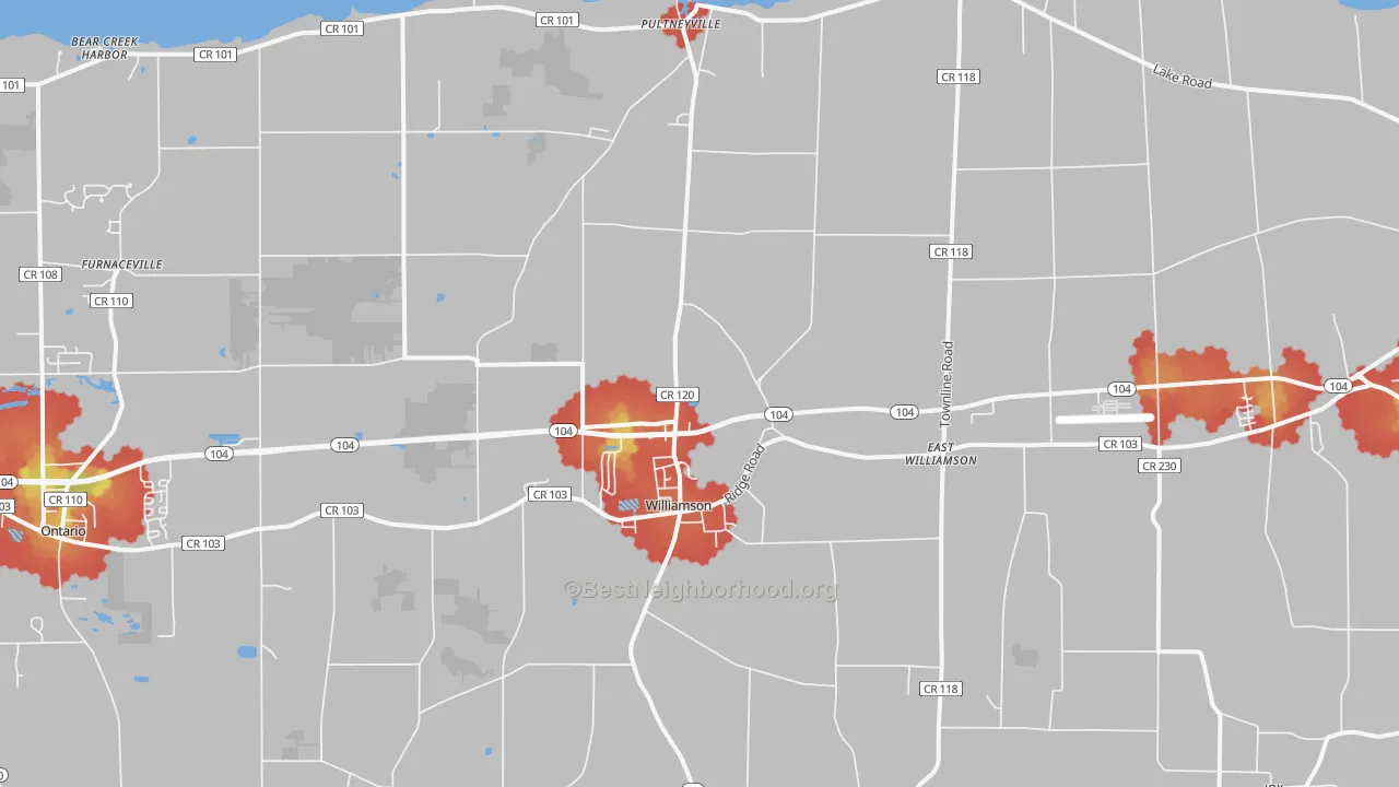 Walk Grade map of Williamson, NY, walkable areas in green and car-dependent areas in red