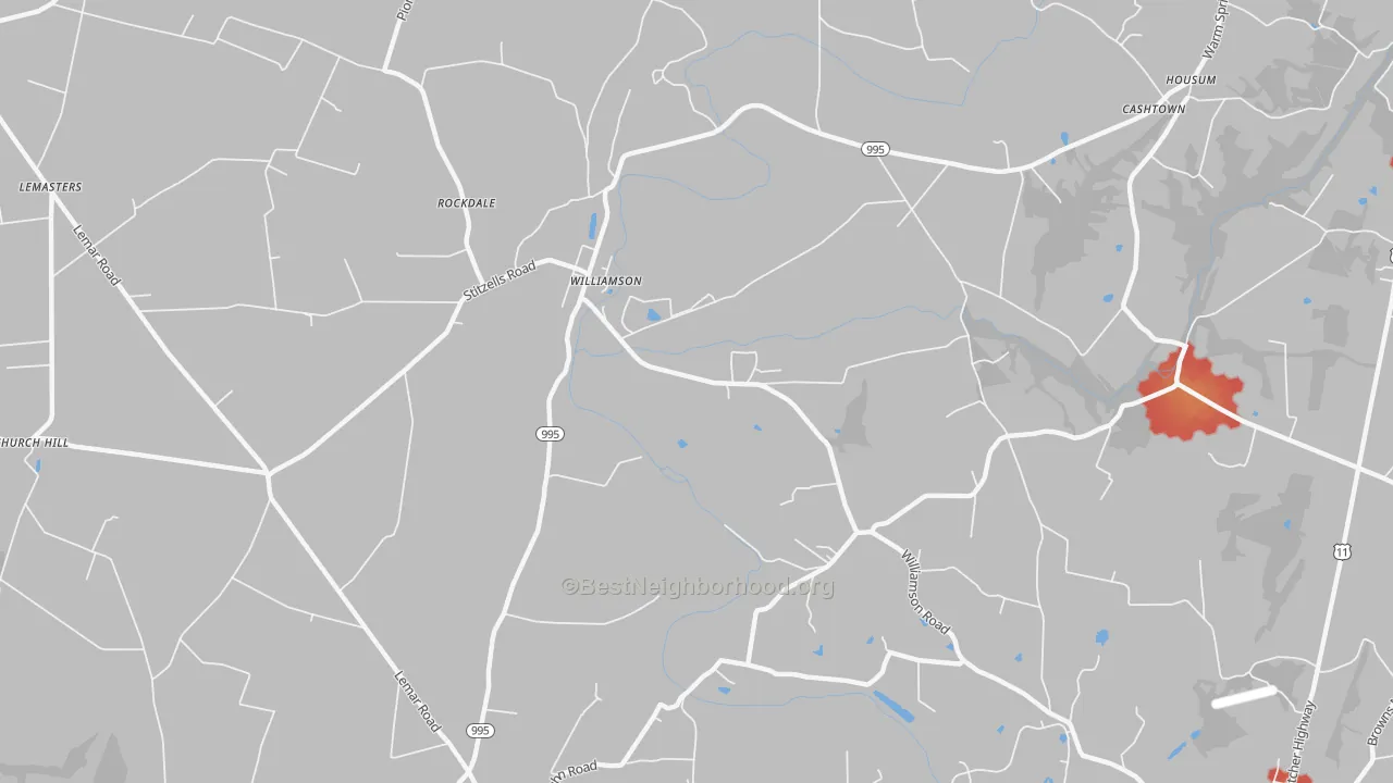 Walk Grade map of Williamson, PA, walkable areas in green and car-dependent areas in red