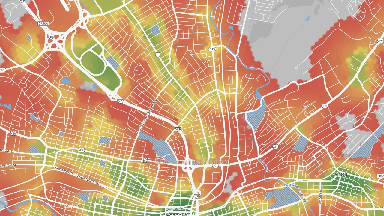 Walk Grade map of Williamson Road, Roanoke, VA, walkable areas in green and car-dependent areas in red