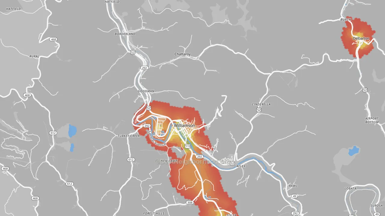 Walk Grade map of Williamson, WV, walkable areas in green and car-dependent areas in red