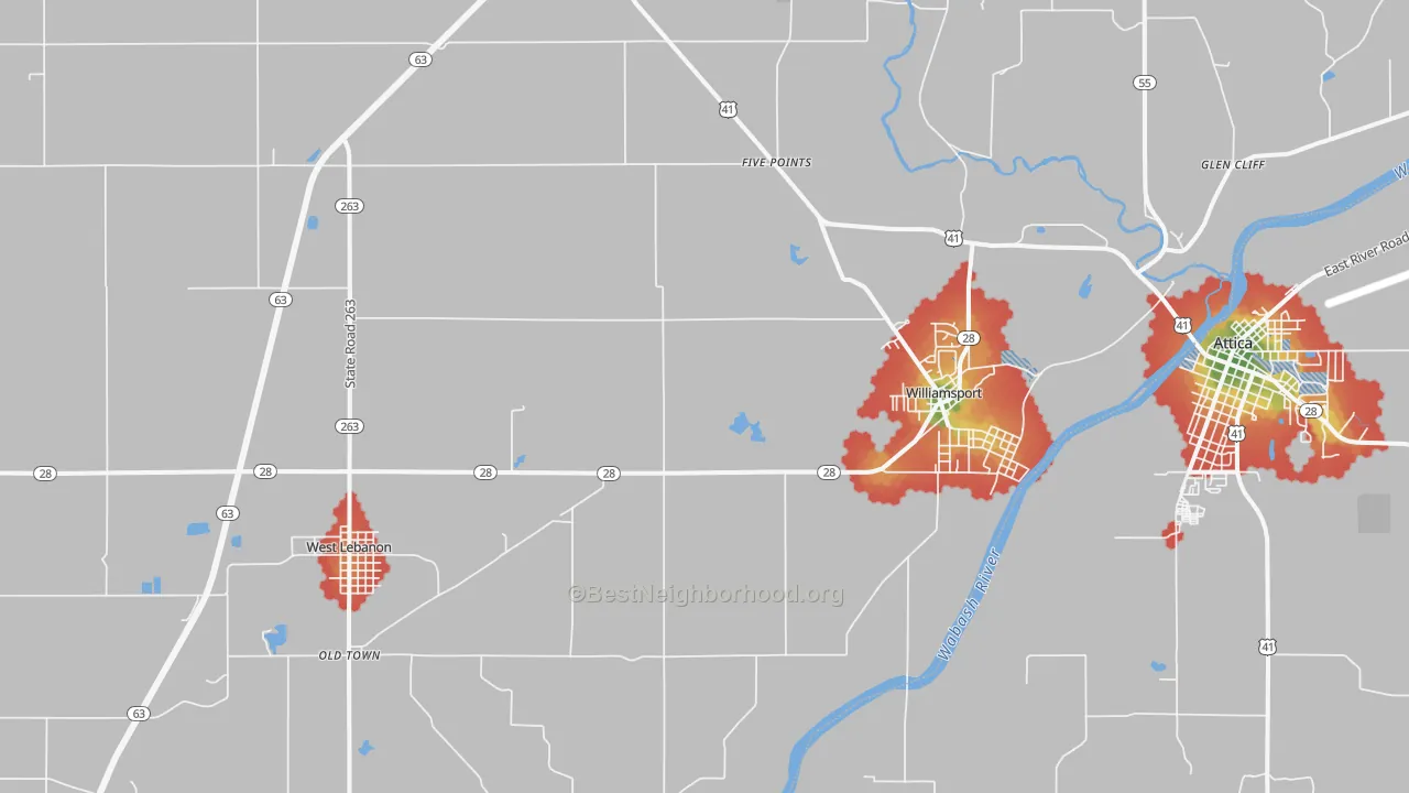 Walk Grade map of Williamsport, IN, walkable areas in green and car-dependent areas in red