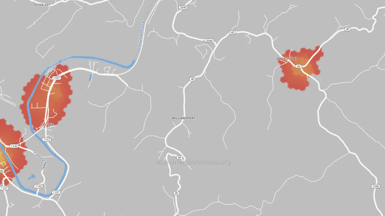 Walk Grade map of Williamsport, KY, walkable areas in green and car-dependent areas in red