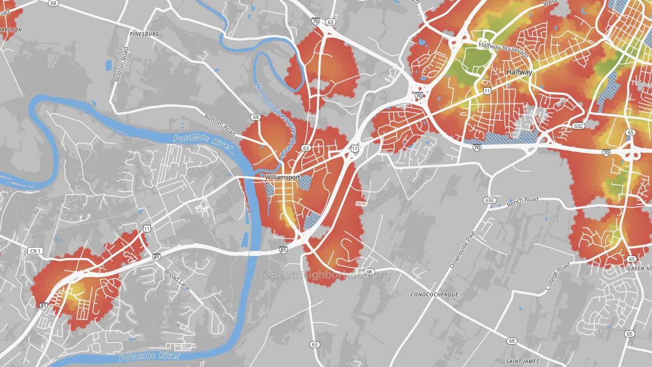 Walk Grade map of Williamsport, MD, walkable areas in green and car-dependent areas in red