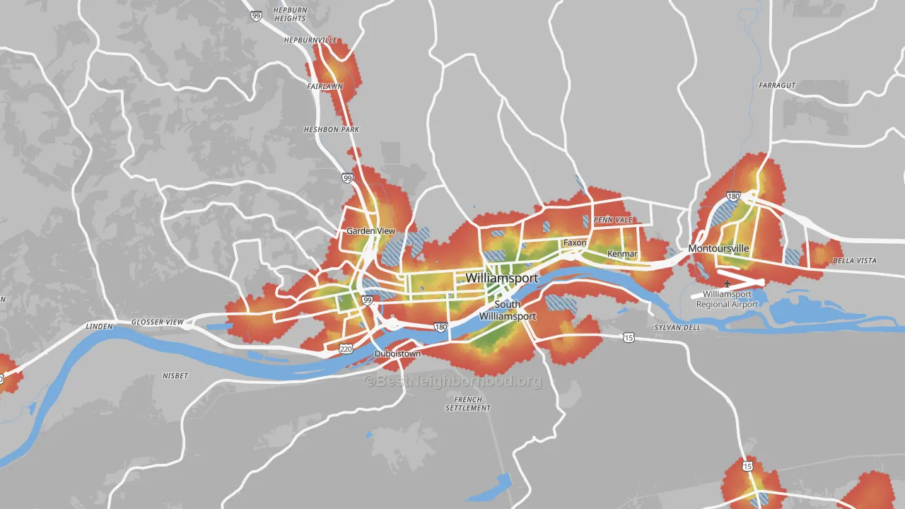 Walk Grade map of Williamsport, PA, walkable areas in green and car-dependent areas in red