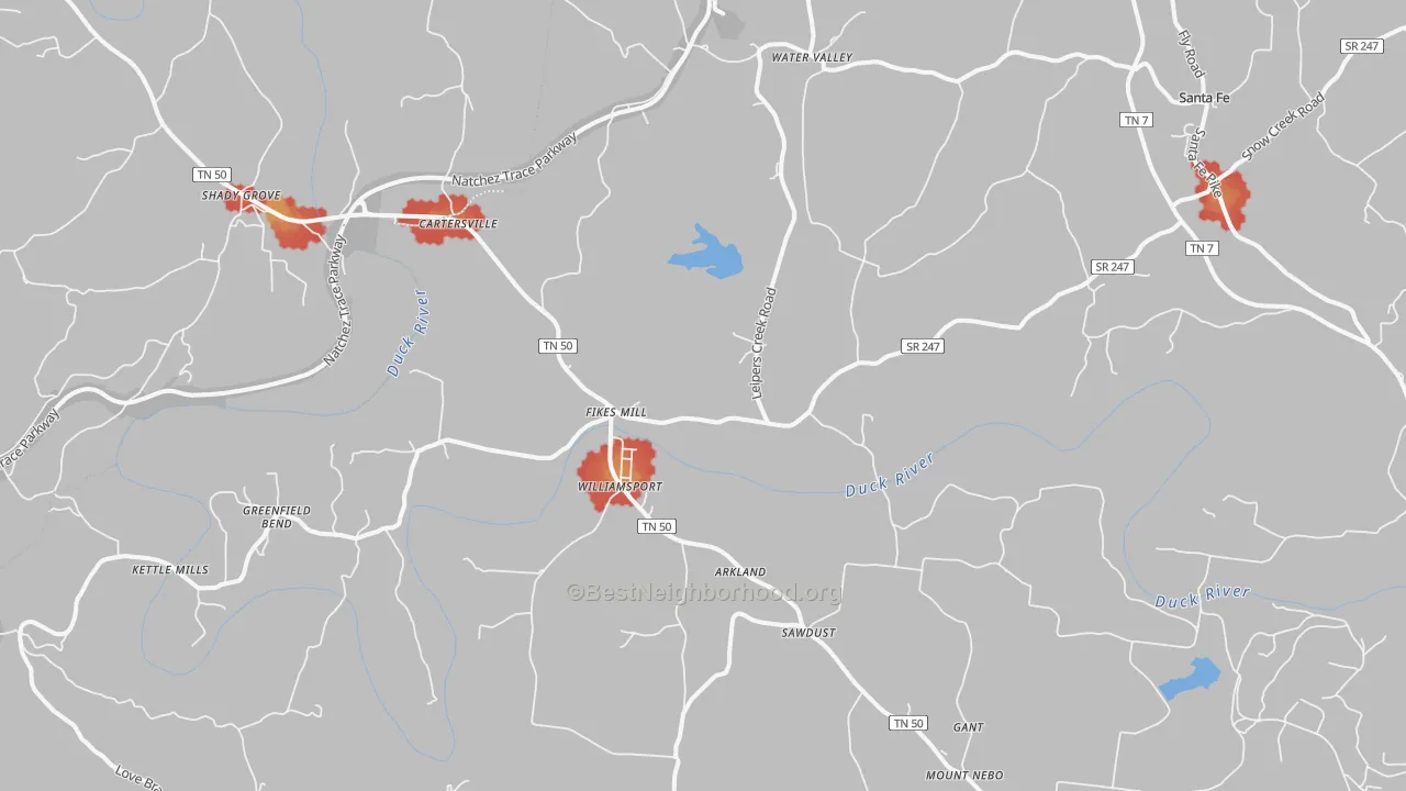 Walk Grade map of Williamsport, TN, walkable areas in green and car-dependent areas in red
