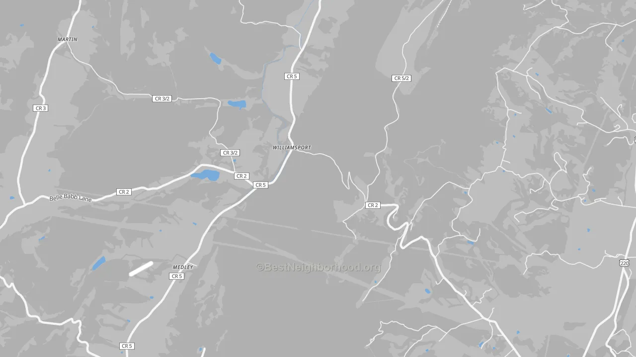 Walk Grade map of Williamsport, WV, walkable areas in green and car-dependent areas in red