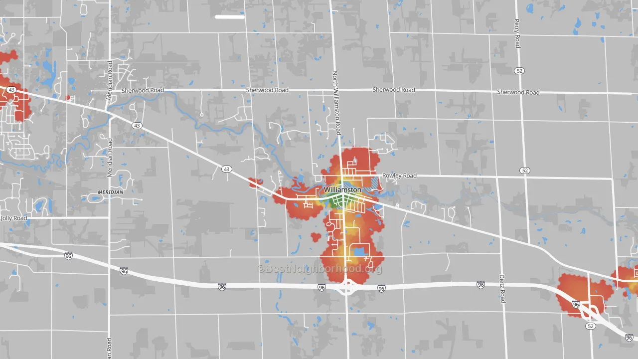 Walk Grade map of Williamston, MI, walkable areas in green and car-dependent areas in red