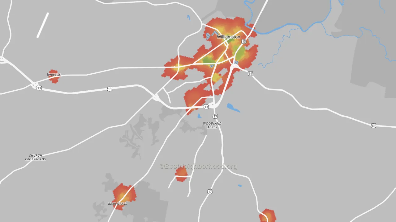 Walk Grade map of Williamston, NC, walkable areas in green and car-dependent areas in red