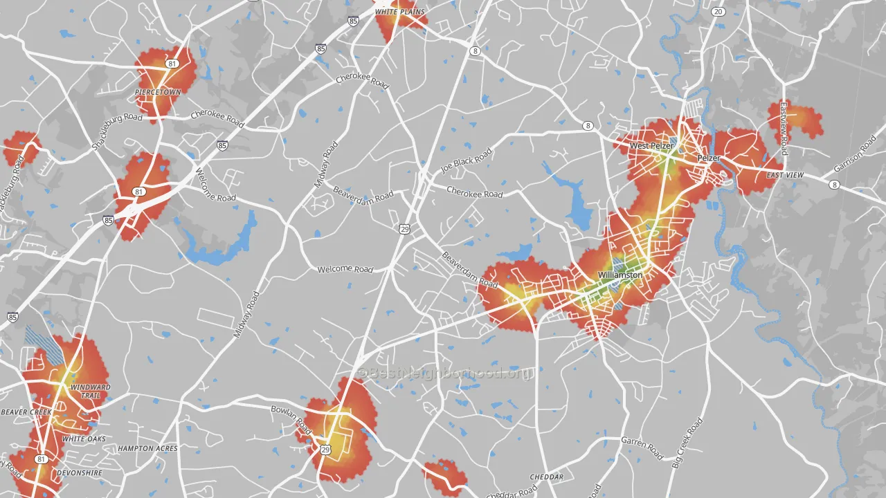 Walk Grade map of Williamston, SC, walkable areas in green and car-dependent areas in red