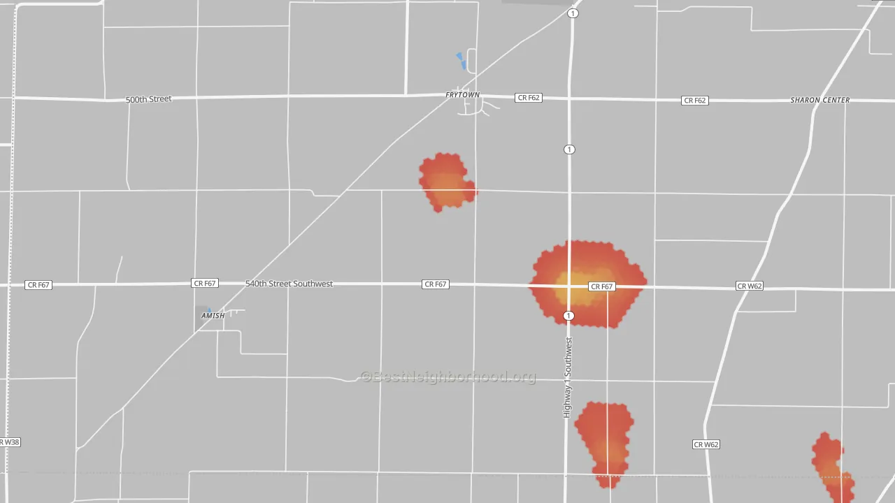 Walk Grade map of Williamstown, IA, walkable areas in green and car-dependent areas in red