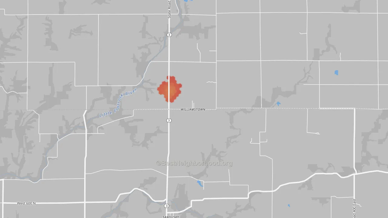 Walk Grade map of Williamstown, IN, walkable areas in green and car-dependent areas in red