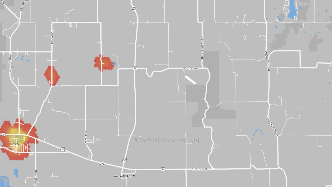 Walk Grade map of Williamstown, KS, walkable areas in green and car-dependent areas in red