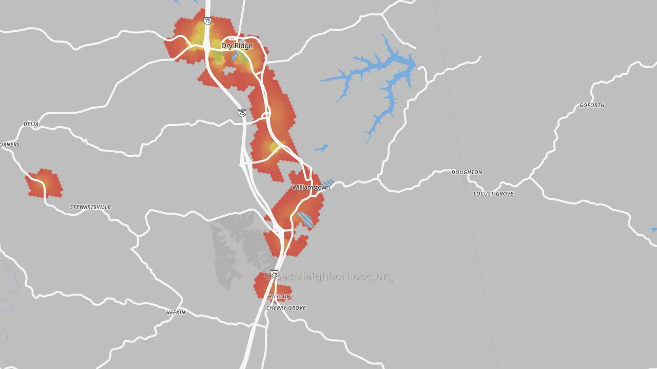 Walk Grade map of Williamstown, KY, walkable areas in green and car-dependent areas in red