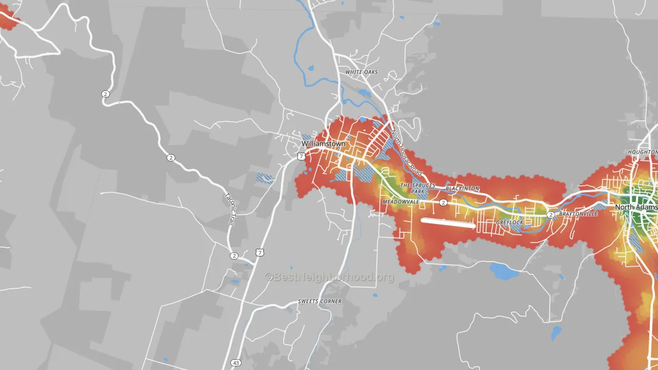 Walk Grade map of Williamstown, MA, walkable areas in green and car-dependent areas in red