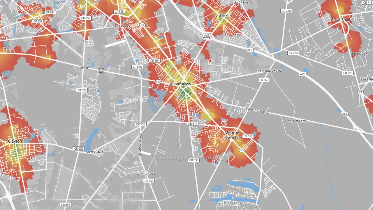 Walk Grade map of Williamstown, NJ, walkable areas in green and car-dependent areas in red