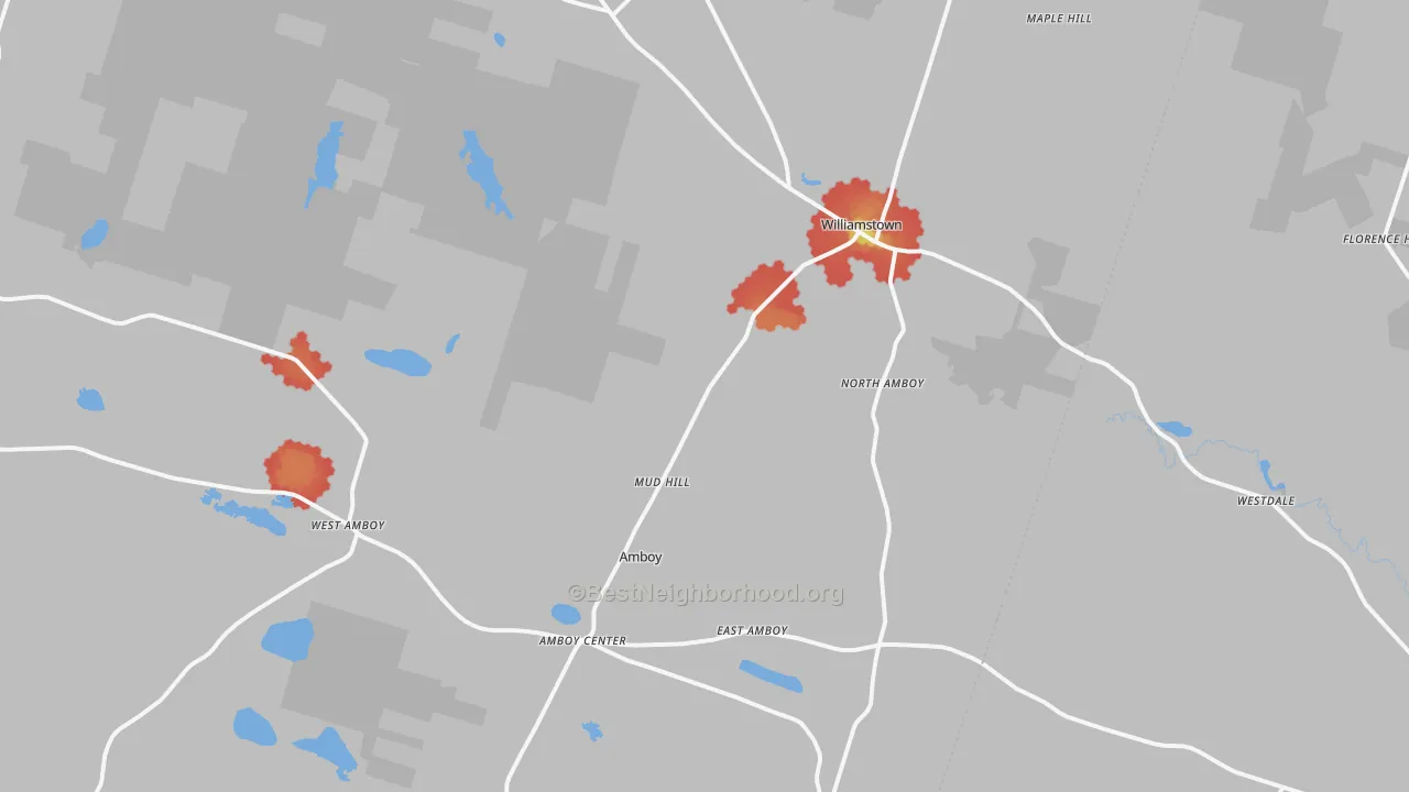 Walk Grade map of Williamstown, NY, walkable areas in green and car-dependent areas in red