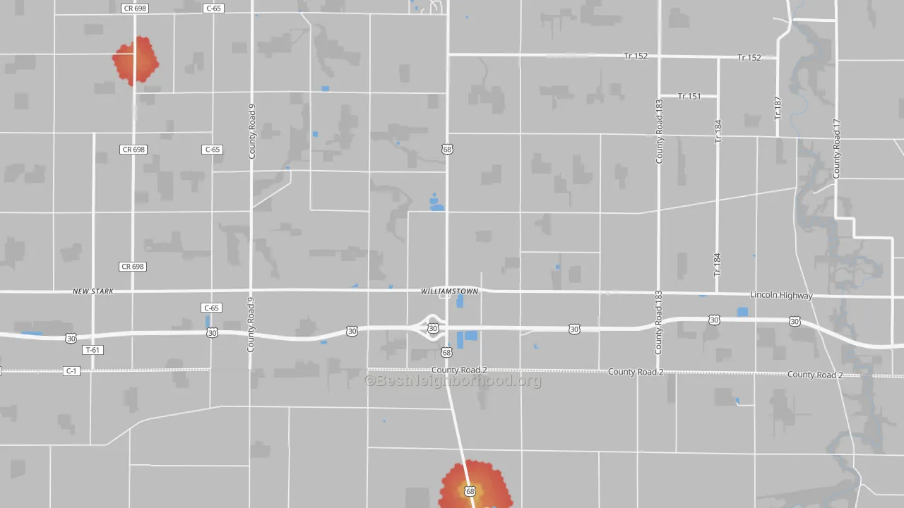 Walk Grade map of Williamstown, OH, walkable areas in green and car-dependent areas in red