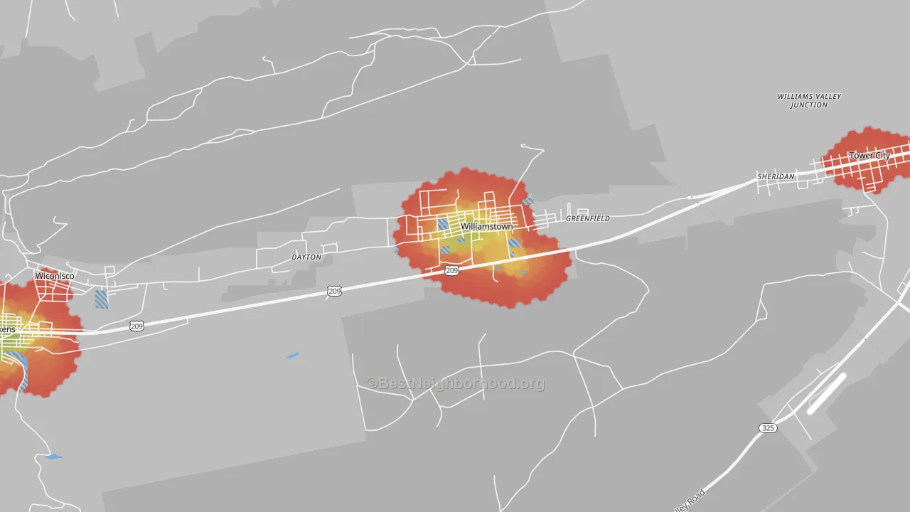 Walk Grade map of Williamstown, PA, walkable areas in green and car-dependent areas in red