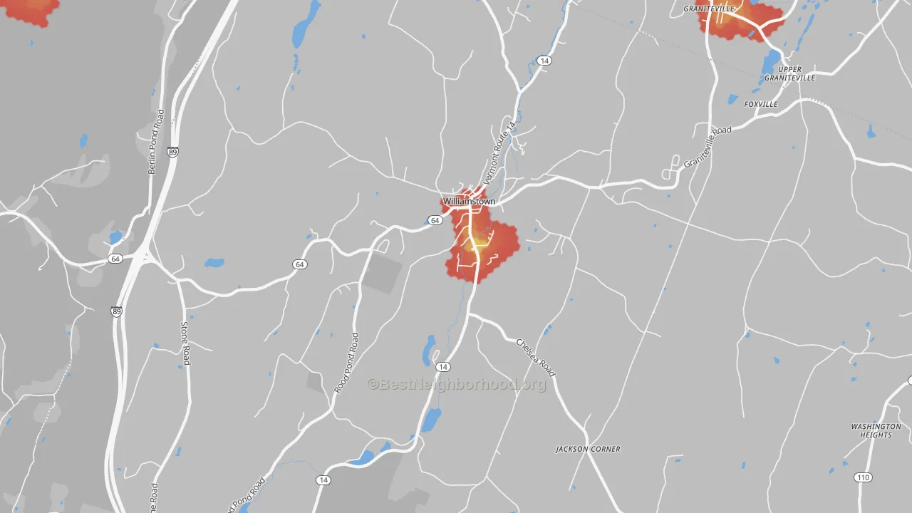 Walk Grade map of Williamstown, VT, walkable areas in green and car-dependent areas in red