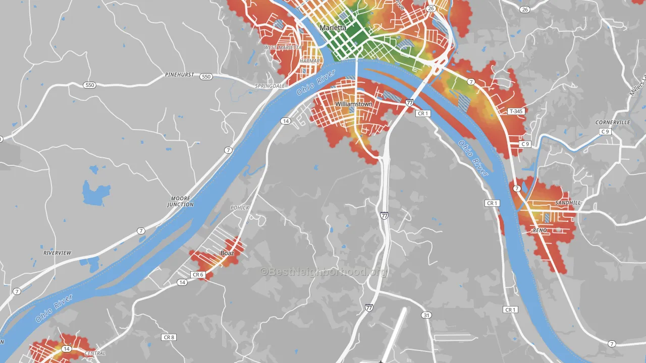 Walk Grade map of Williamstown, WV, walkable areas in green and car-dependent areas in red