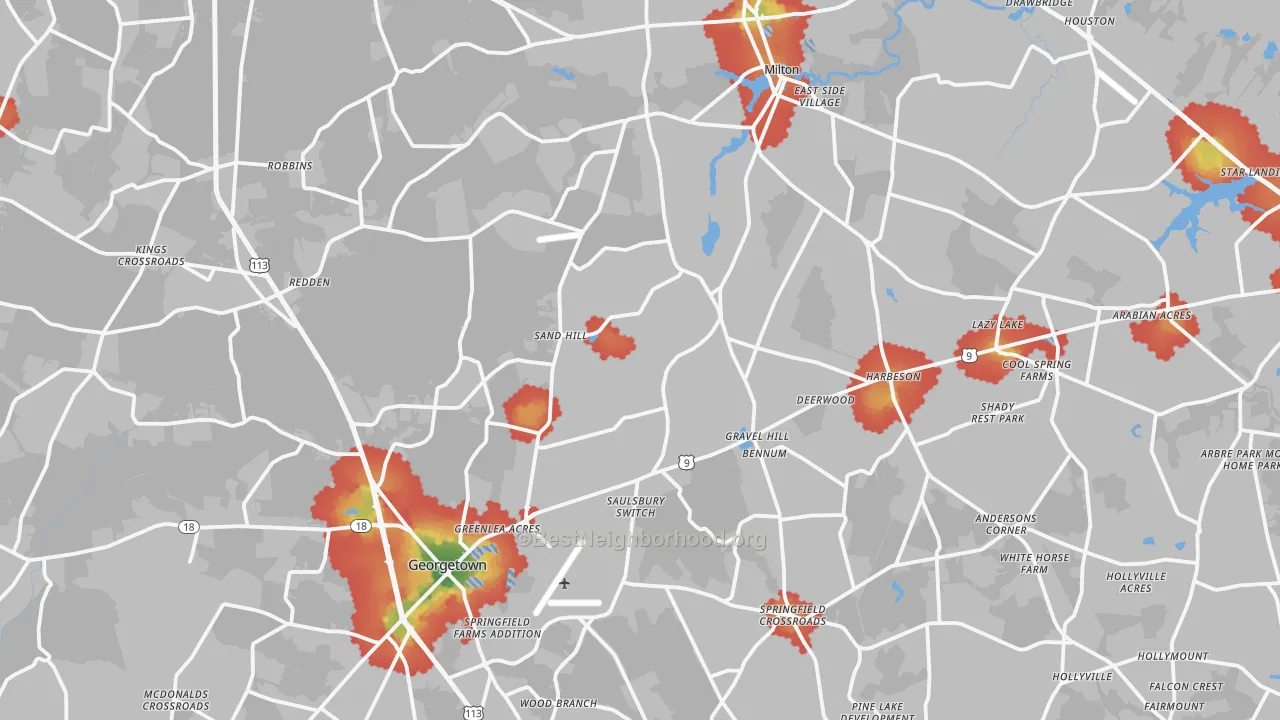 Walk Grade map of Williamsville, DE, walkable areas in green and car-dependent areas in red