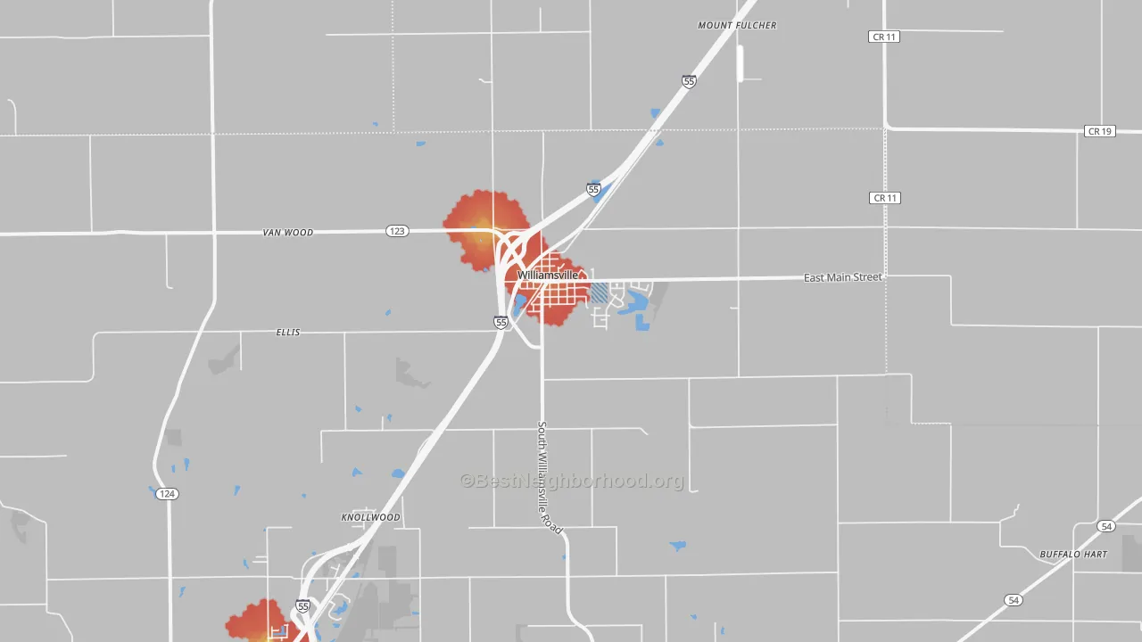 Walk Grade map of Williamsville, IL, walkable areas in green and car-dependent areas in red