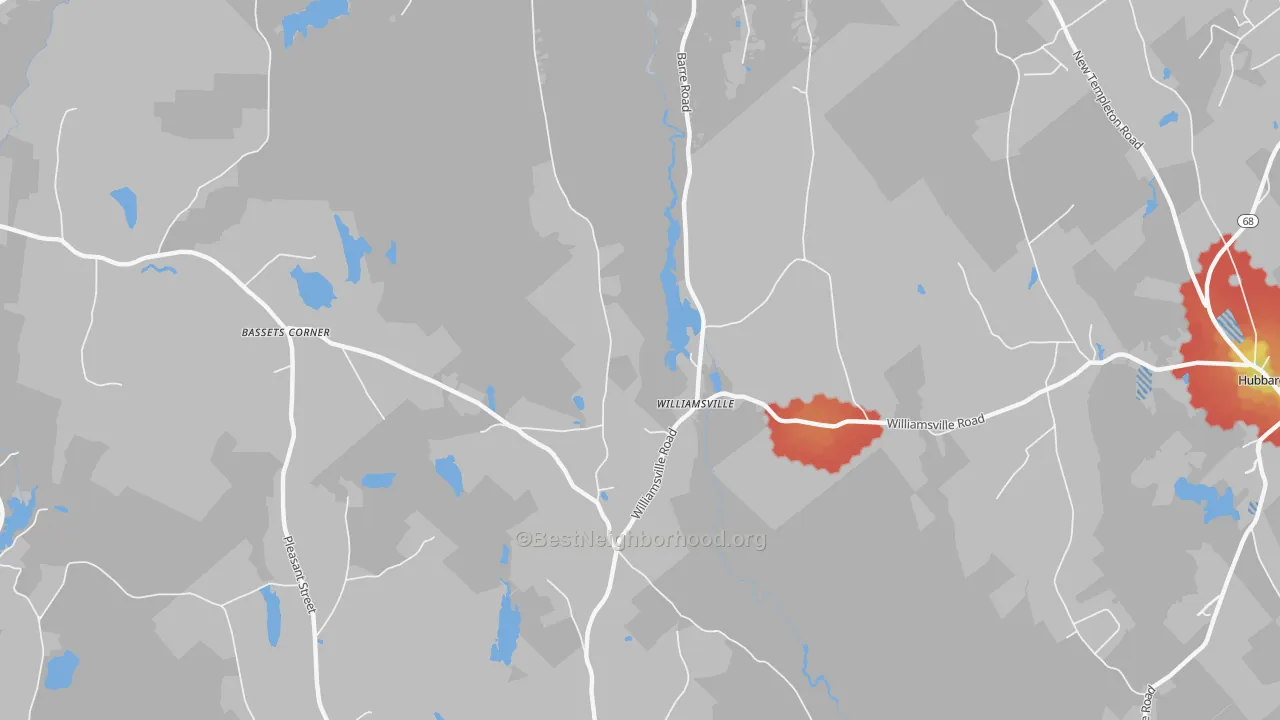 Walk Grade map of Williamsville, MA, walkable areas in green and car-dependent areas in red