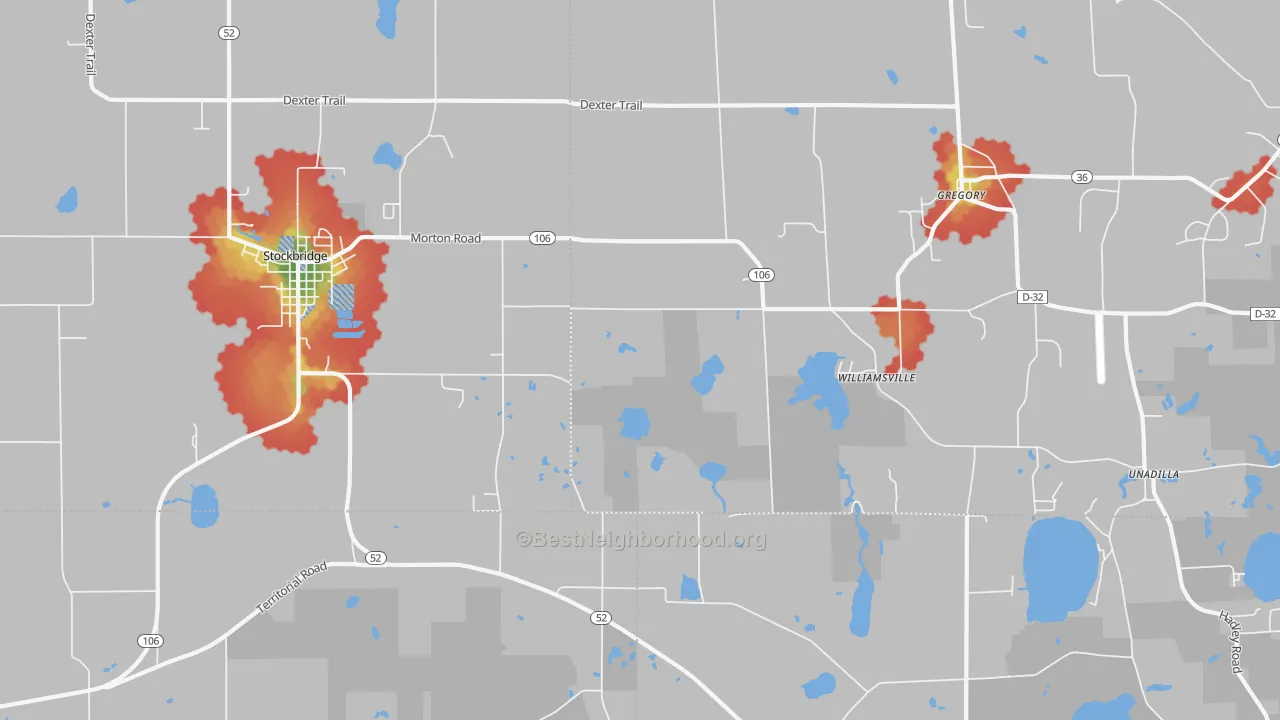 Walk Grade map of Williamsville, MI, walkable areas in green and car-dependent areas in red