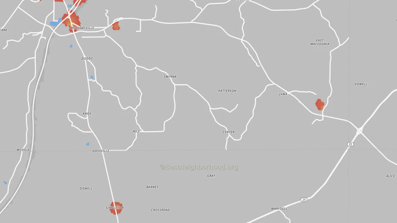 Walk Grade map of Williamsville, MS, walkable areas in green and car-dependent areas in red