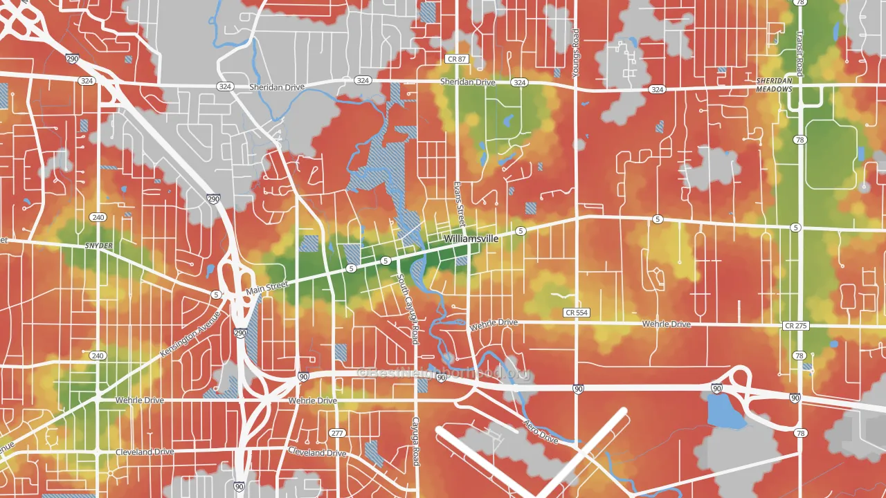 Walk Grade map of Williamsville, NY, walkable areas in green and car-dependent areas in red
