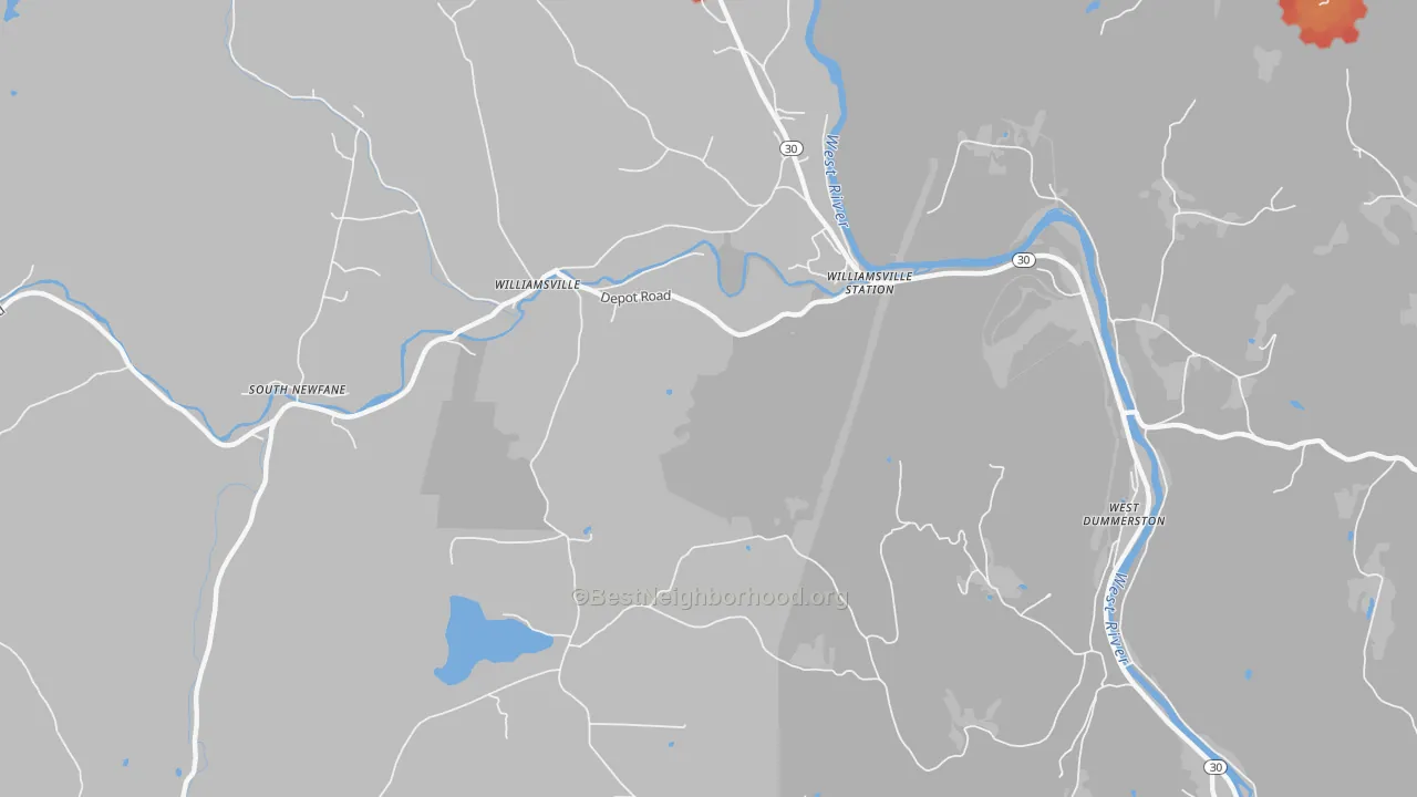 Walk Grade map of Williamsville, VT, walkable areas in green and car-dependent areas in red