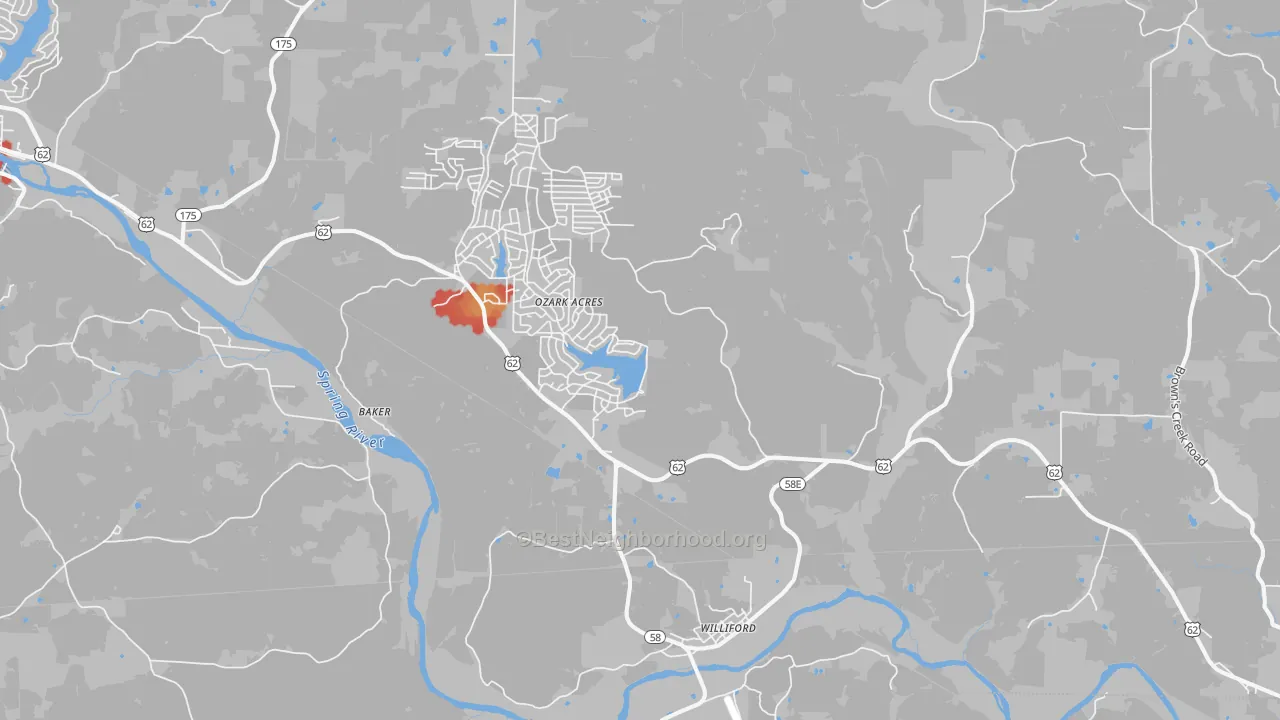 Walk Grade map of Williford, AR, walkable areas in green and car-dependent areas in red