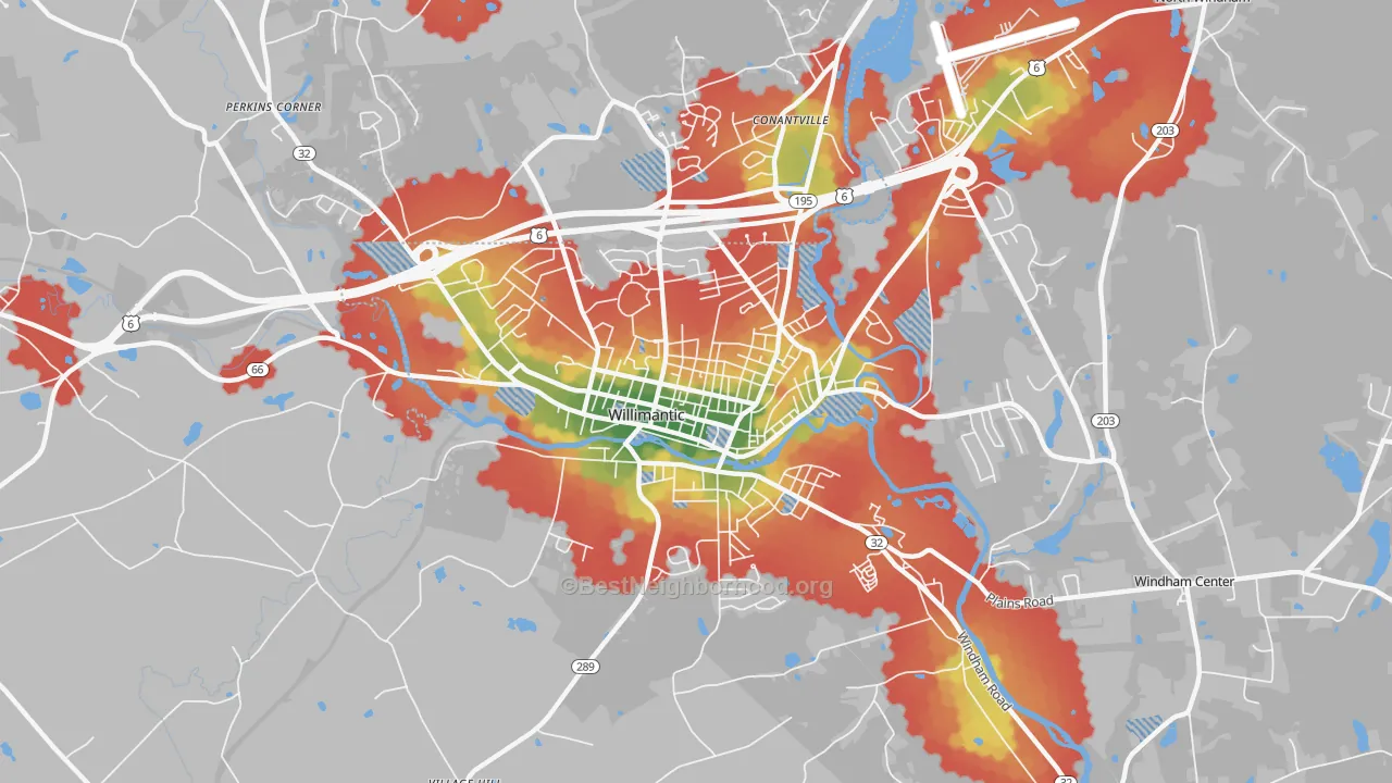 Walk Grade map of Willimantic, CT, walkable areas in green and car-dependent areas in red