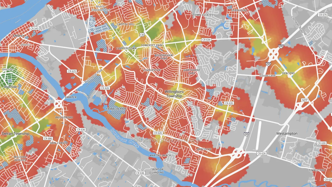 Walk Grade map of Willingboro, NJ, walkable areas in green and car-dependent areas in red