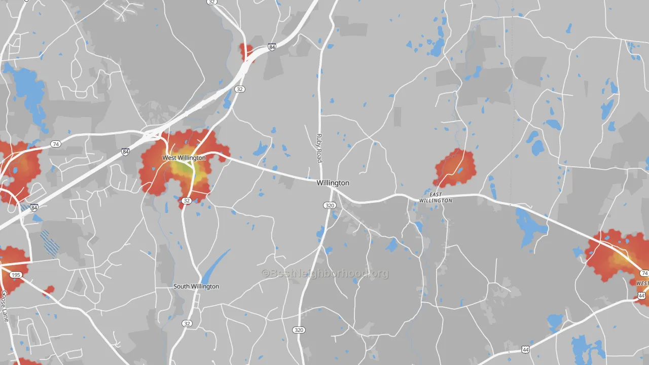 Walk Grade map of Willington, CT, walkable areas in green and car-dependent areas in red